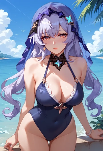 star rail,black swan,retro style swimsuit,frilled neckline,bow detail  - AI generated anime art